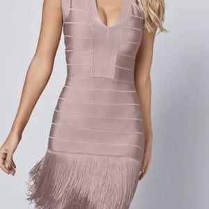 VENUS Bandage Fringe V Neck Bodycon Dress Tan NWT Size 8